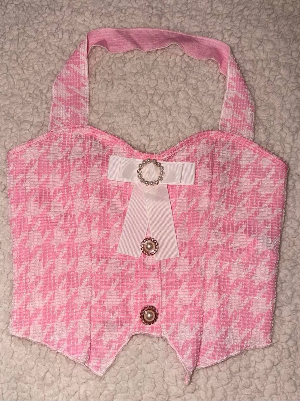 Pink Houndstooth Halter Crop Top with Decorative Bow